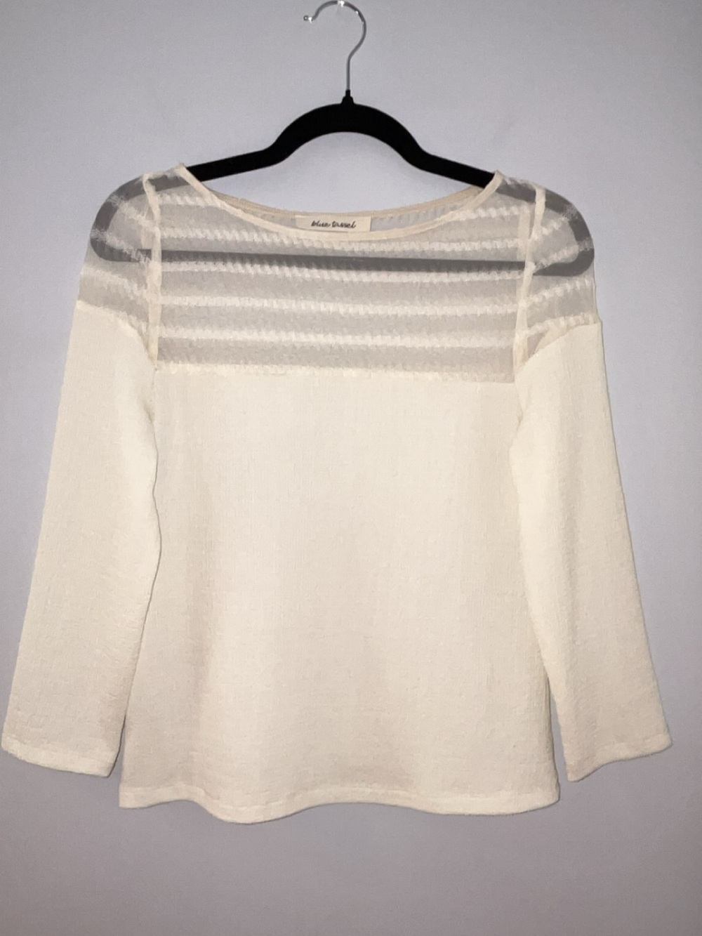 Anthropologie Blue Tassel. Ivory Sheer-Stripe Yoke Long Sleeve Top